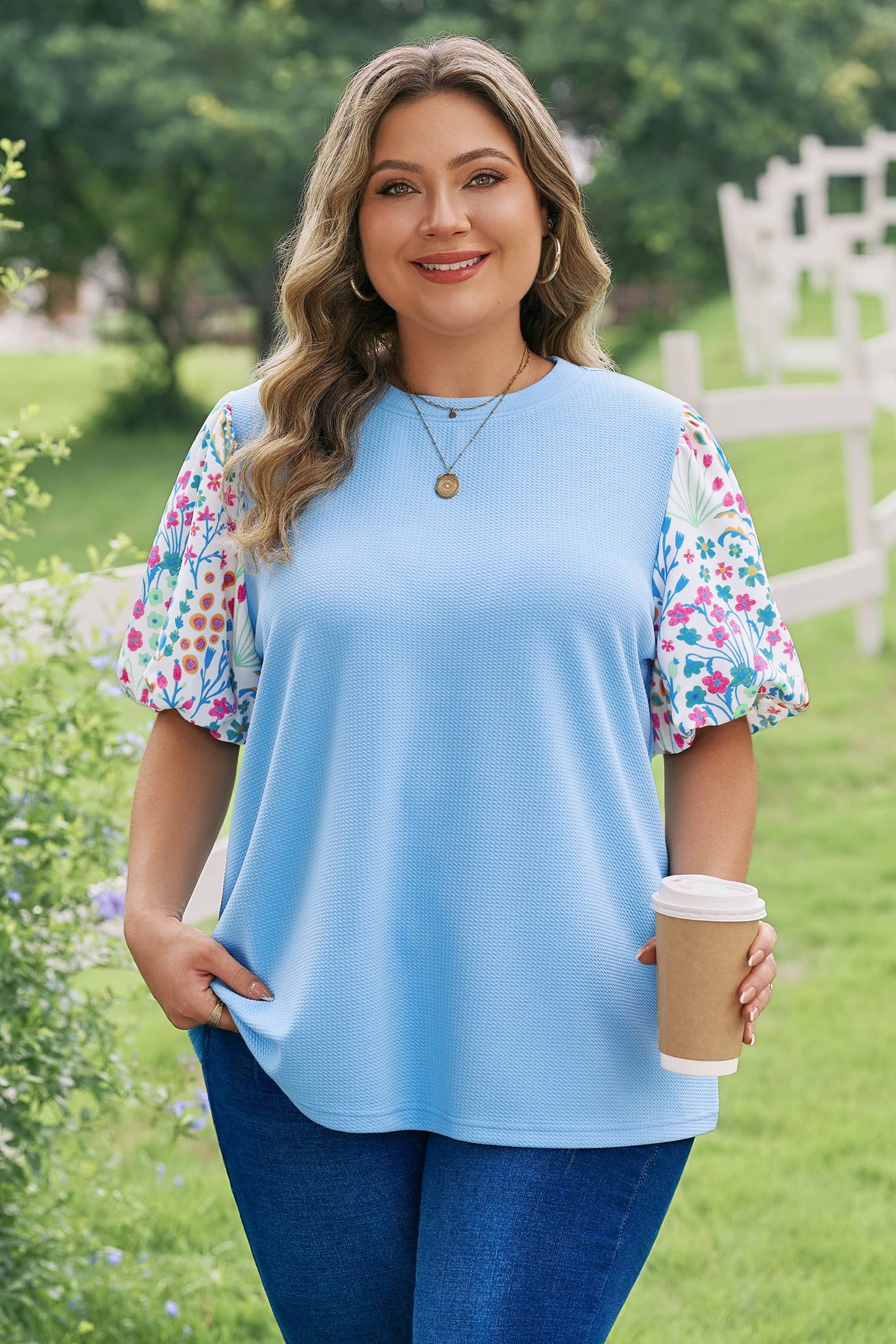 Plus Size Textured Bodice Floral Puff Sleeve Top