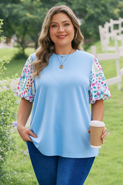 Plus Size Textured Bodice Floral Puff Sleeve Top - Plus Size Clothing