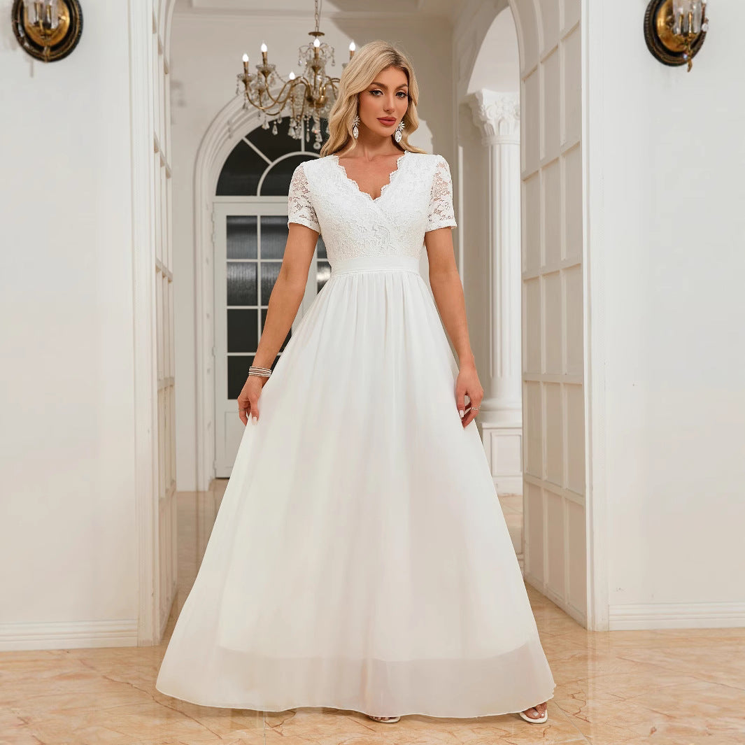 Plus Size Elegant Lace Trim Chiffon V-Neck Long Dress