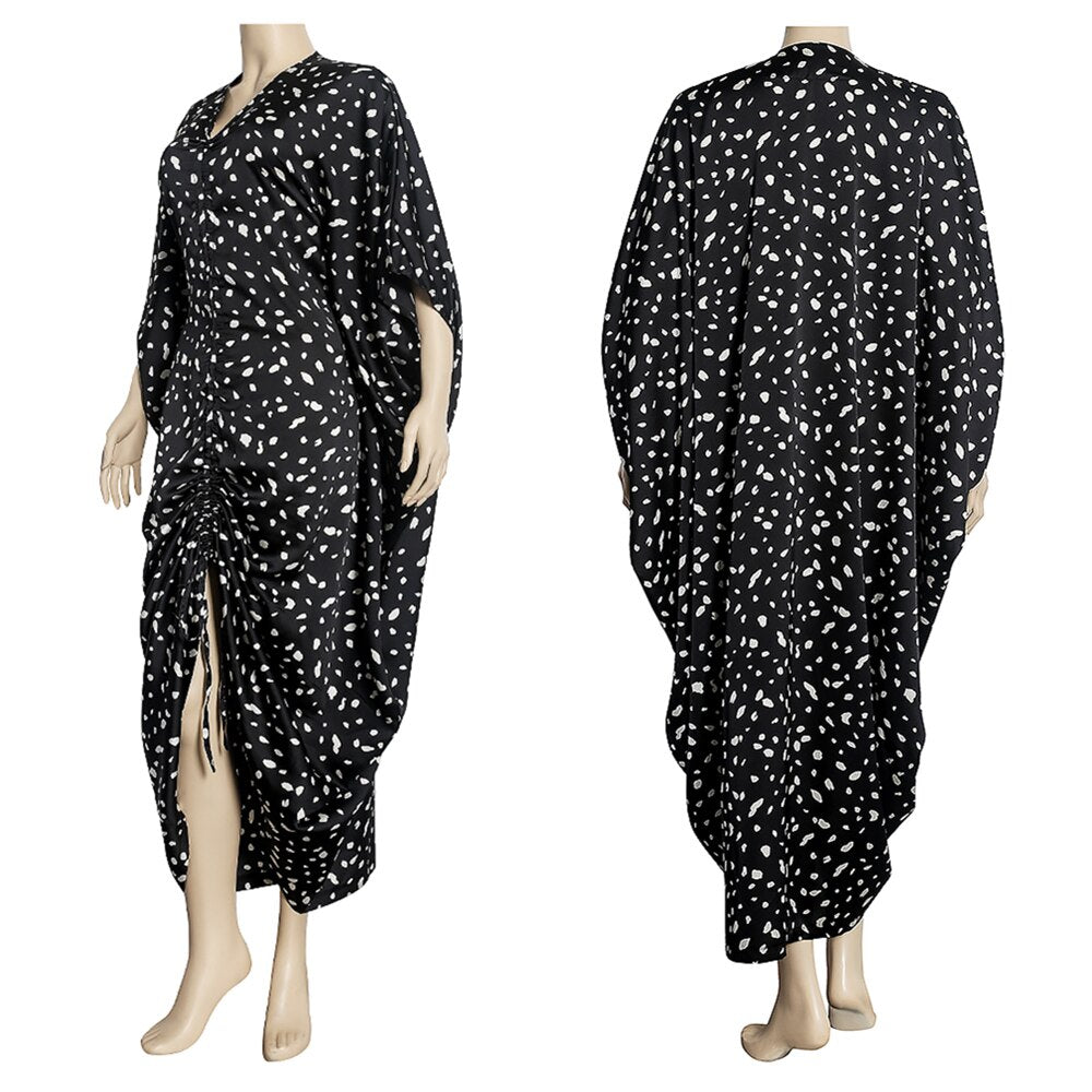 Plus Size Autumn Leopard V-Neck Drawstring Dress