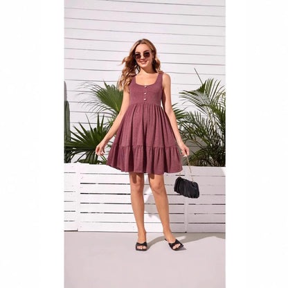 Maternity Dress with Ruffle Button Front, A-Line Silhouette, Sleeveless Design - Plus Size Clothing