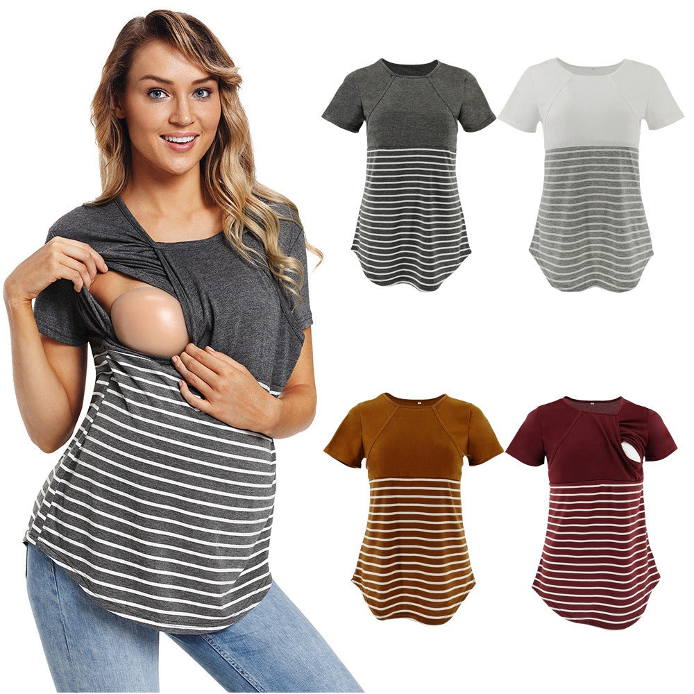 European and American fashion round neck short sleeved breastfeeding T-shirt with striped patchwork parent-child maternity wear - Plus Size Clothing