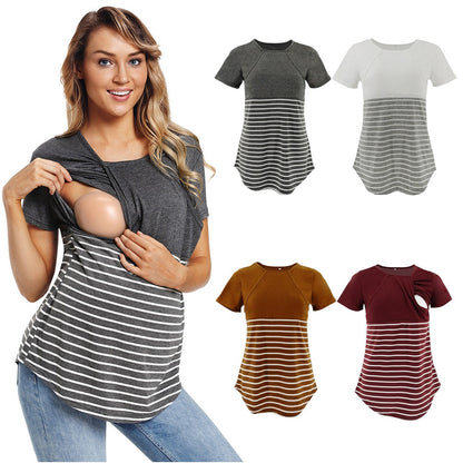 European and American fashion round neck short sleeved breastfeeding T-shirt with striped patchwork parent-child maternity wear - Plus Size Clothing