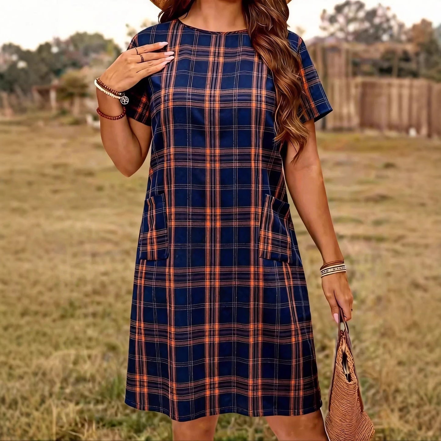 Plus Size Short Sleeve Plaid Casual Dress