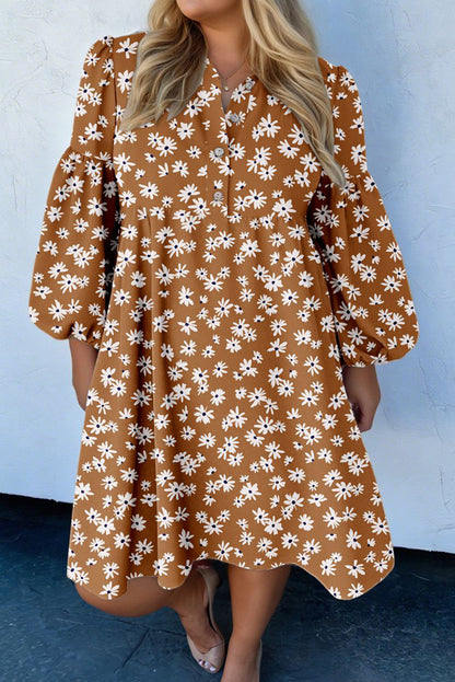 Plus Size Daisy Floral Split Neck Puff Sleeve Dress - Plus Size XL-4XL - View 8