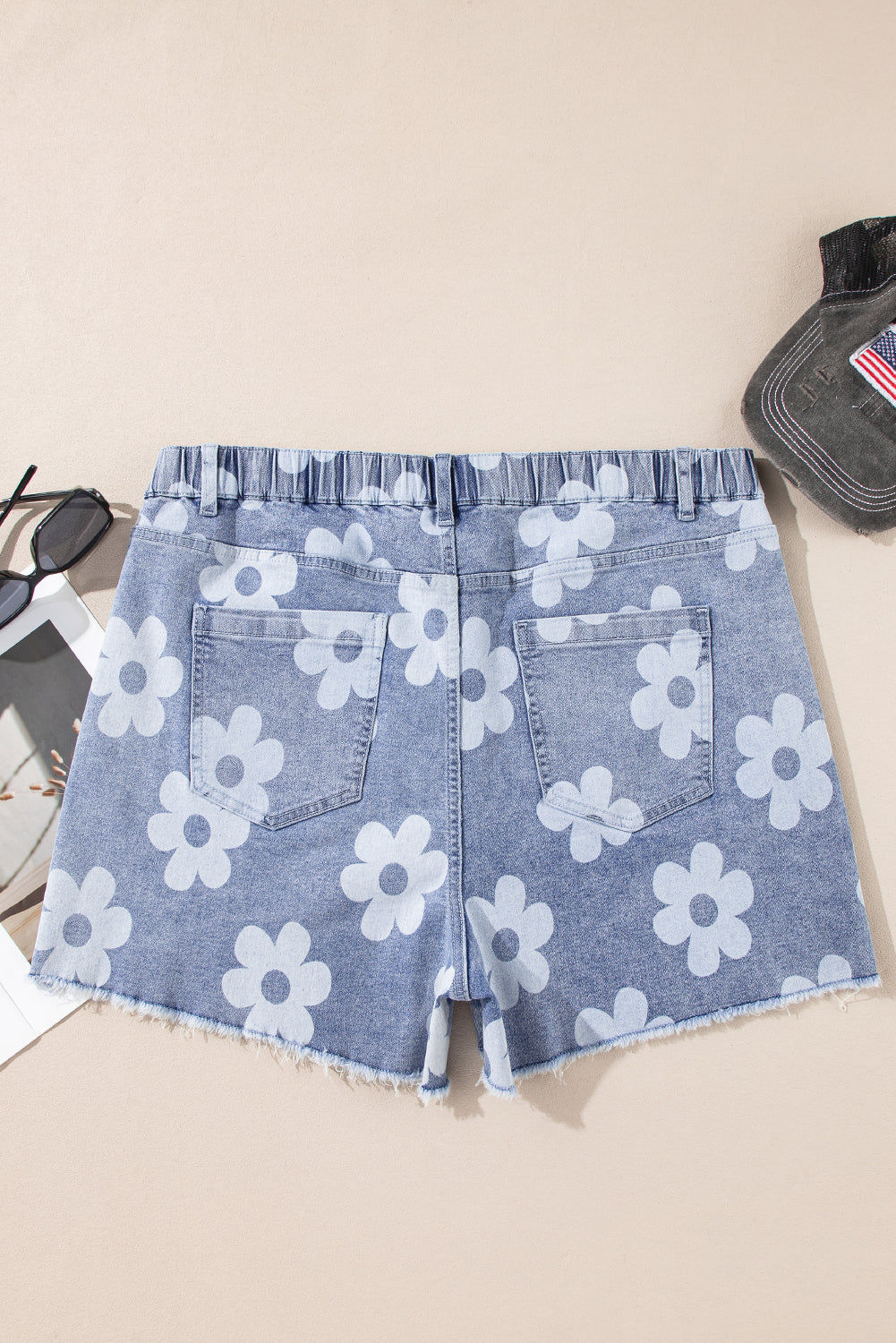 Plus Size Blue Floral High Waist Denim Shorts - Plus Size XL-4XL - View 7