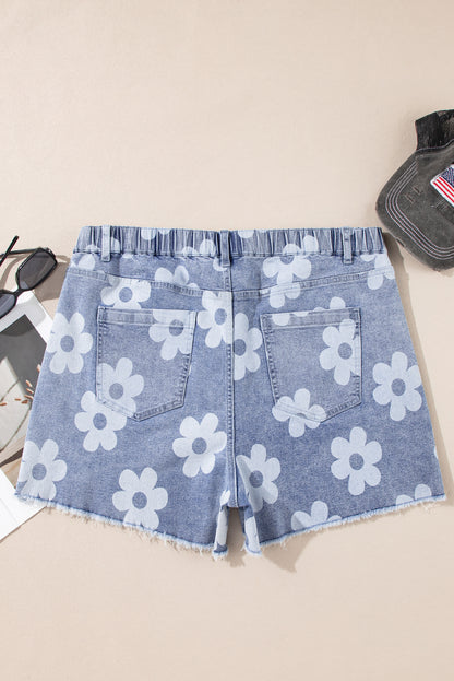 Plus Size Blue Floral High Waist Denim Shorts - Plus Size XL-4XL - View 7