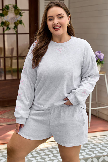 Plus Size Bow Embroidered Puff Sleeve Shorts Set - Plus Size XL-4XL - View 5