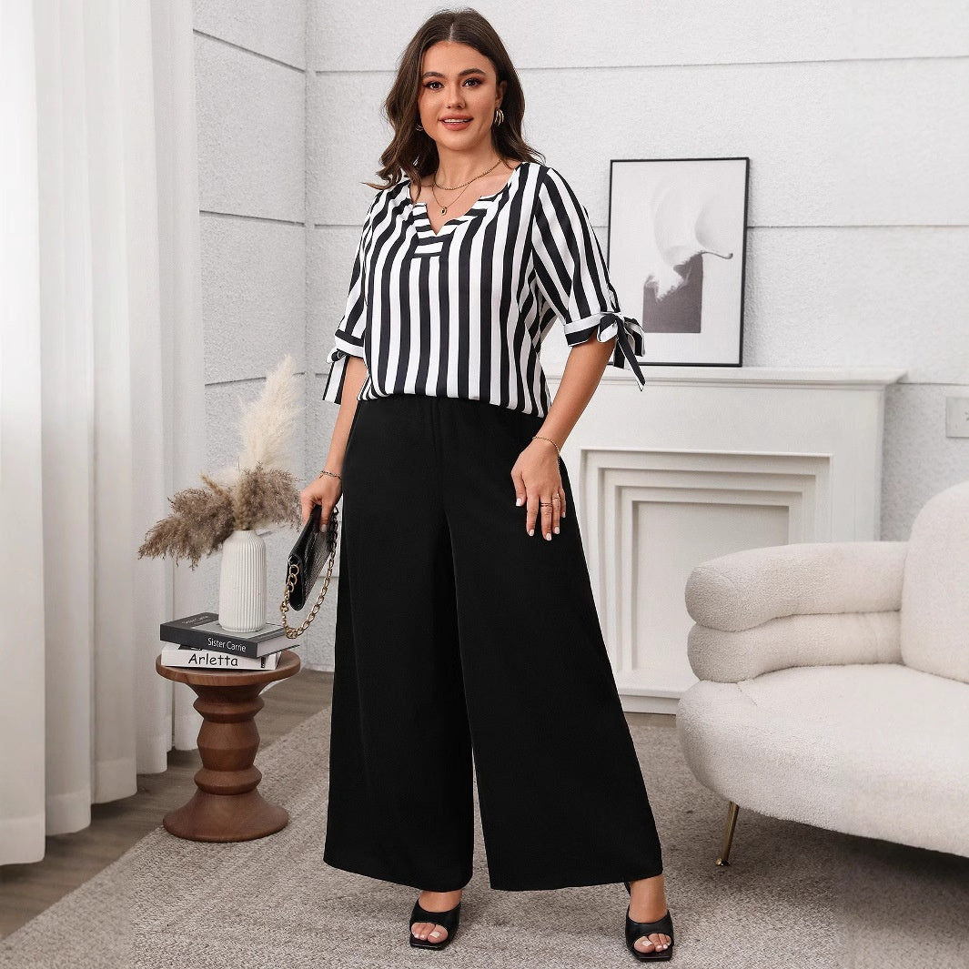 Plus Size Casual Striped Top and Wide Leg Pants Set