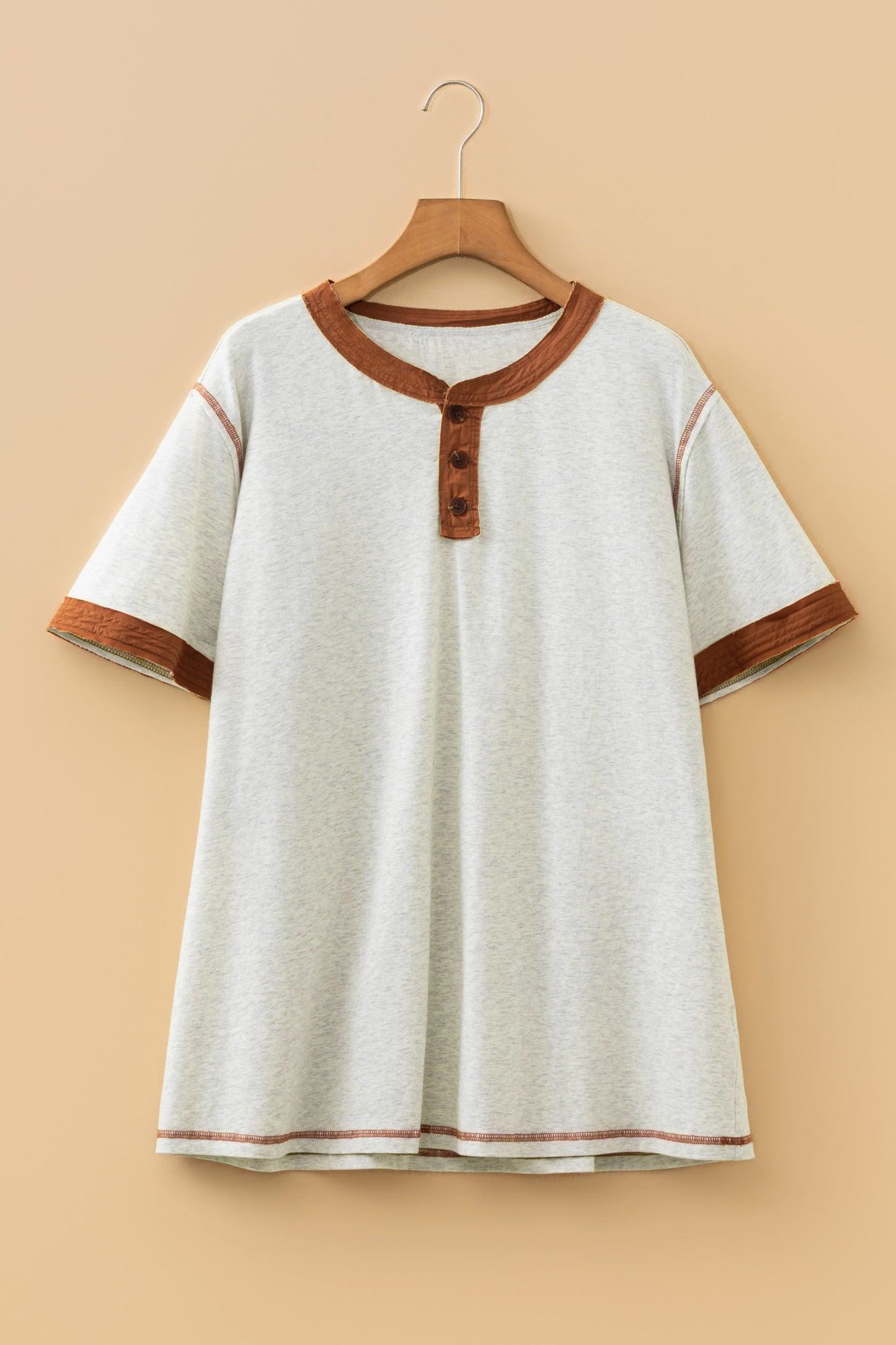Plus Size Distressed Color Block Trim Cotton Henley Tee - Plus Size XL-4XL - View 3