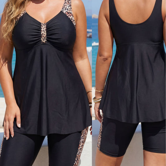 Plus Size Leopard Tankini Swim Skirt Set