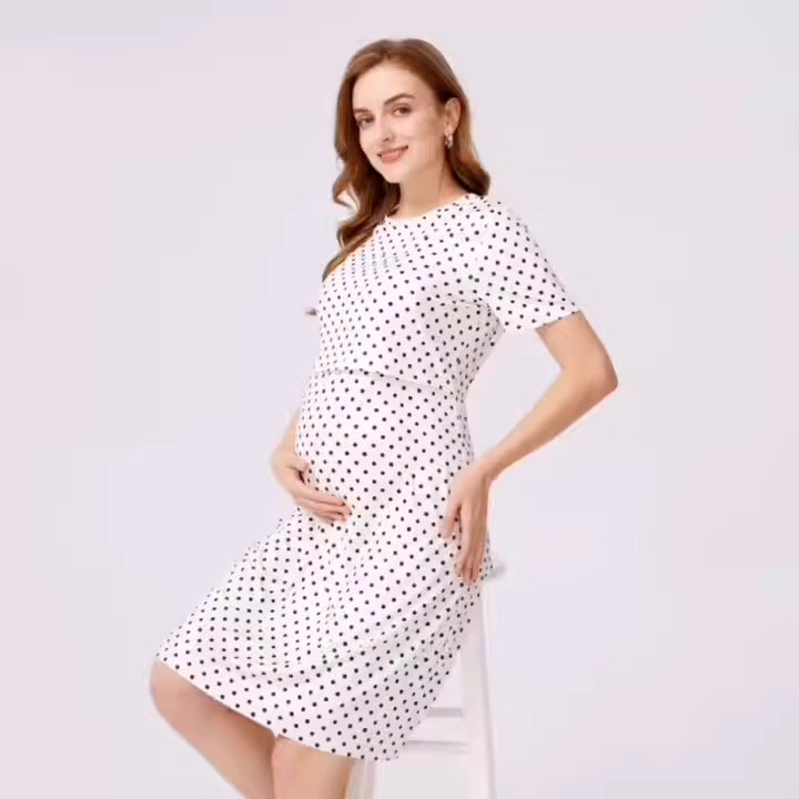 Plus Size Polka Dot Round Neck Short Sleeve Nursing Dress