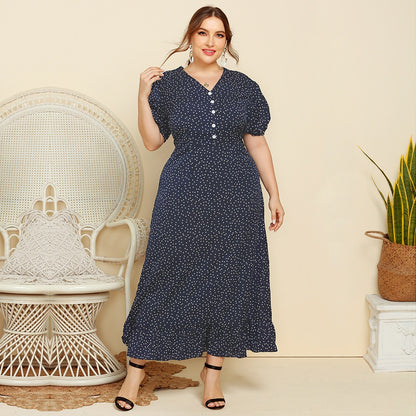 Large Size Women Summer Polka Dot Fashion Short Sleeved Plus Fat Long Fashion Dress JR052 - Plus Size Clothing