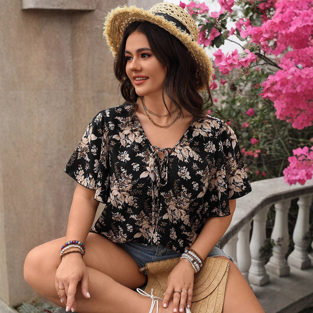 Plus Size Geometric Printed Loose Crew Neck Top