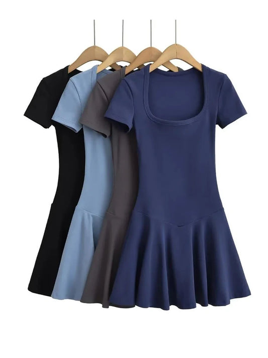 Plus Size Summer Short Sleeve Square Collar Sports Dress