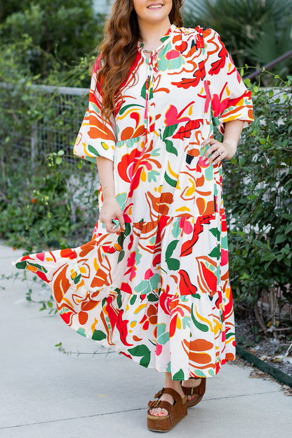 Plus Size Orange Floral Print Drawstring V Neck Tiered Dress - Plus Size XL-4XL - View 7