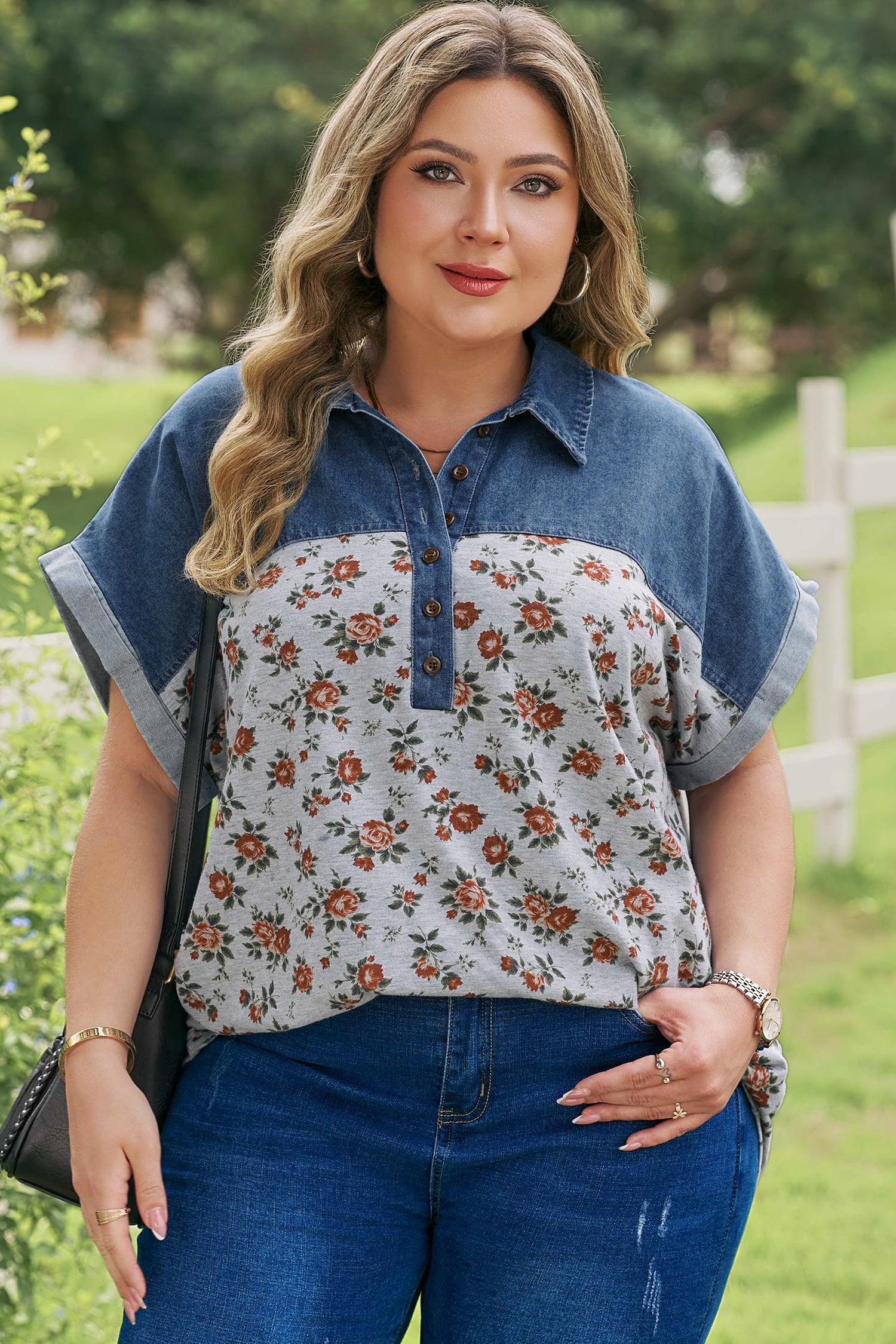 Plus Size Retro Floral Denim Patchwork Polo Tee — front view