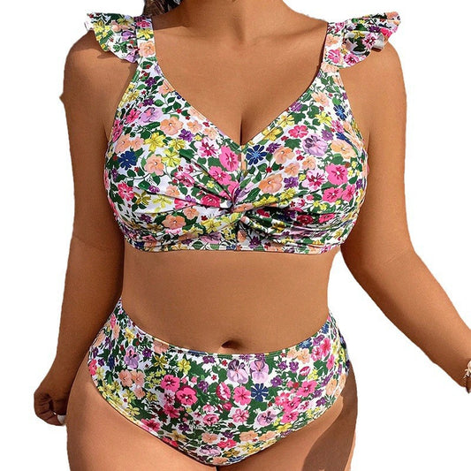 Plus Size Floral Ruffle Push-Up Bikini Set