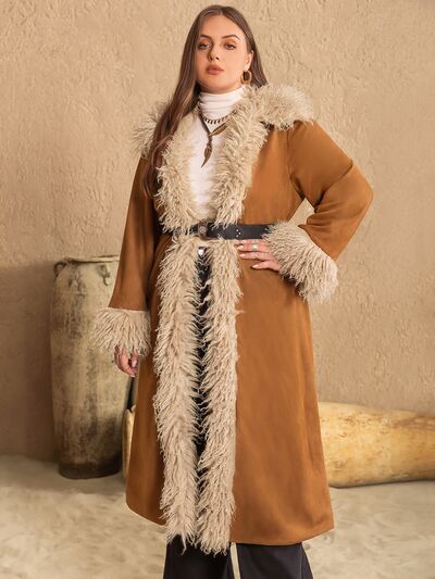 Plus Size Furry Trim Open Front Coat - Plus Size XL-4XL - View 1