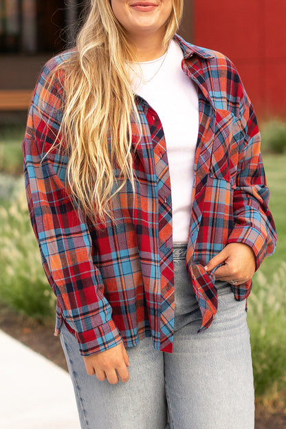 Plus Size Red Plaid Print Buttoned Shirt - Plus Size XL-4XL - View 8