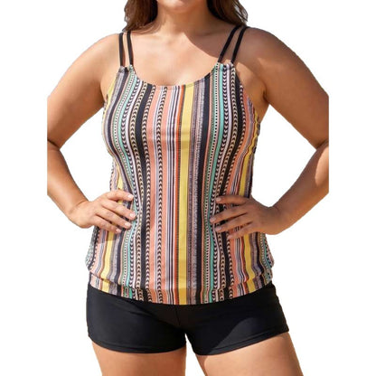 Plus Size Striped Tankini Two Piece Swimsuit - Plus Size Clothing