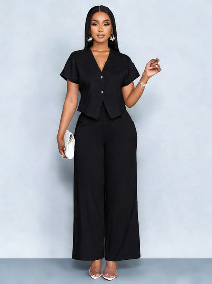 Plus Size V-Neck Cardigan Wide Leg Pants Two-Piece Set