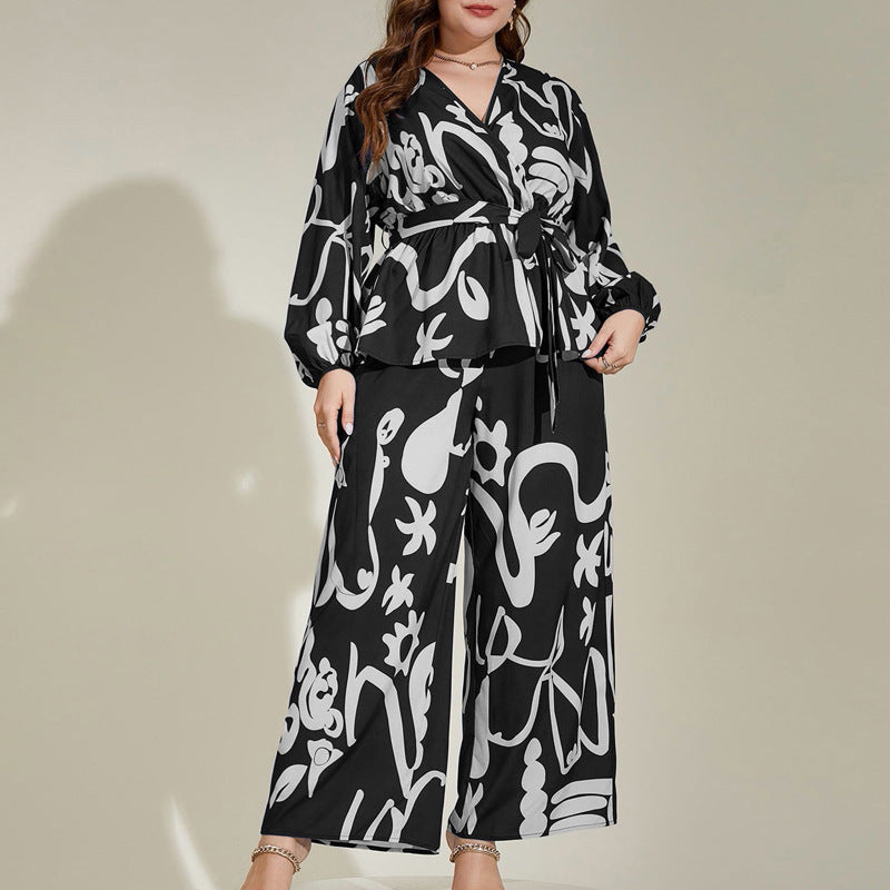 Plus Size Loose Retro Floral V-Neck Shirt Set