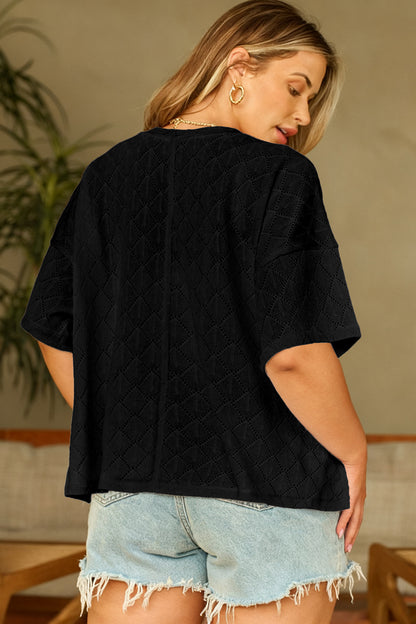 Plus Size Pointelle Rhombus Knit V-Neck Loose Top - Plus Size XL-4XL - View 11