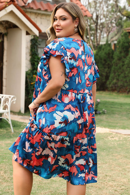 Plus Size Blue Abstract Shirred Tiered Mini Dress - Plus Size XL-4XL - View 2
