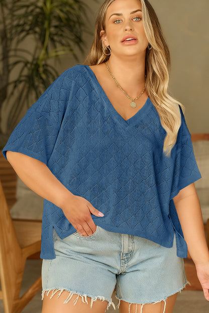 Plus Size Pointelle Rhombus Knit V-Neck Loose Top - Plus Size XL-4XL - View 15