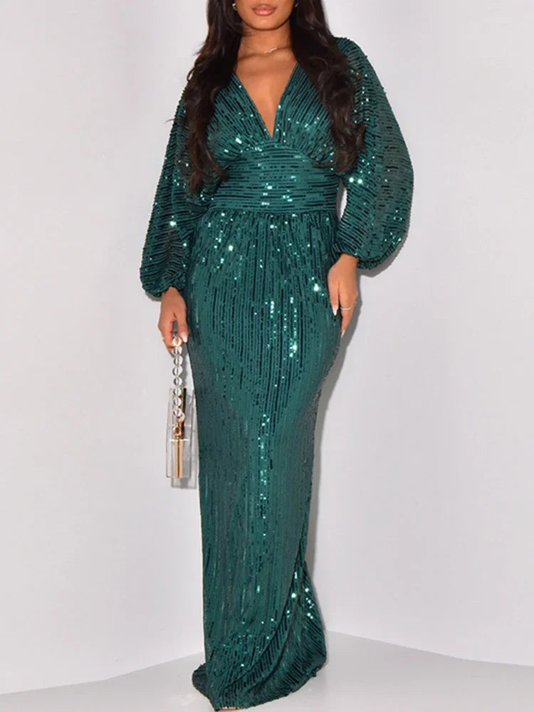 Plus Size Elegant Sequin Evening Dress Long Sleeve