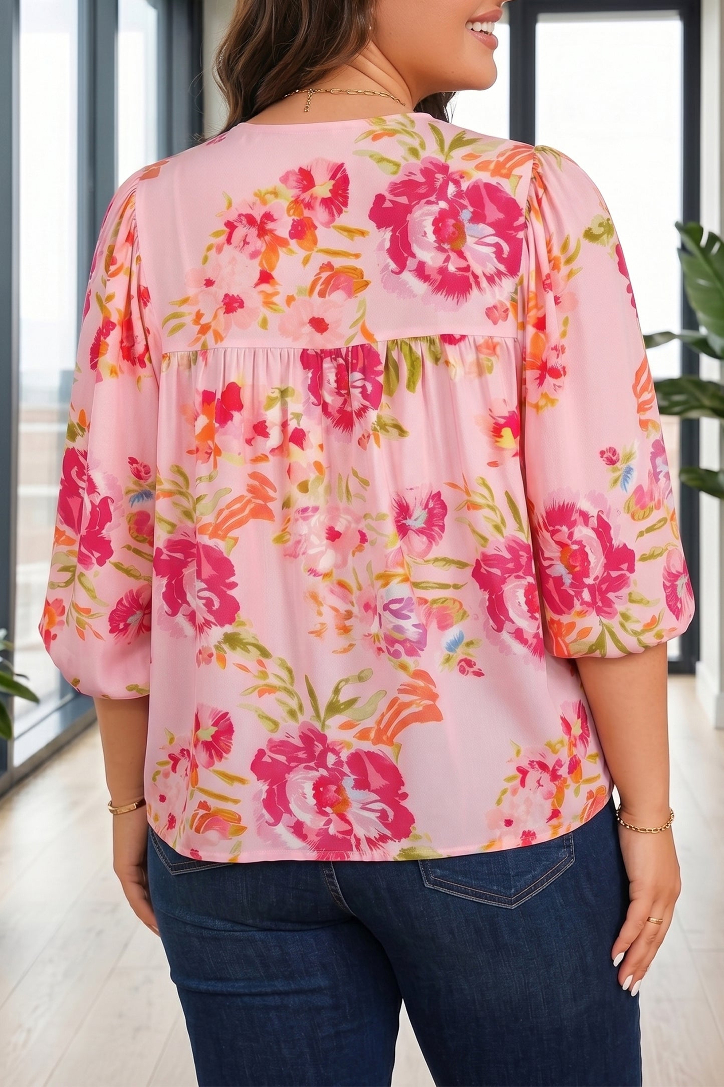 Plus Size Floral V Neck Tie Front Tunic Top