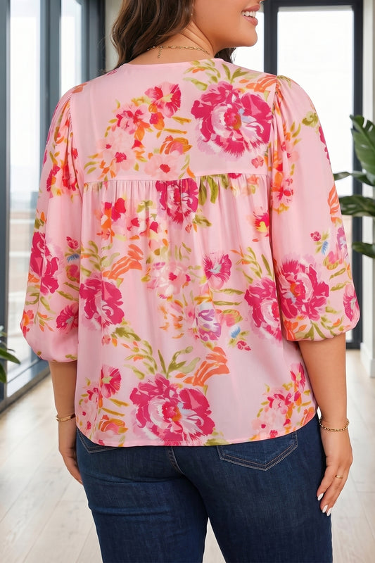 Plus Size Floral V Neck Tie Front Tunic Top - Plus Size Clothing