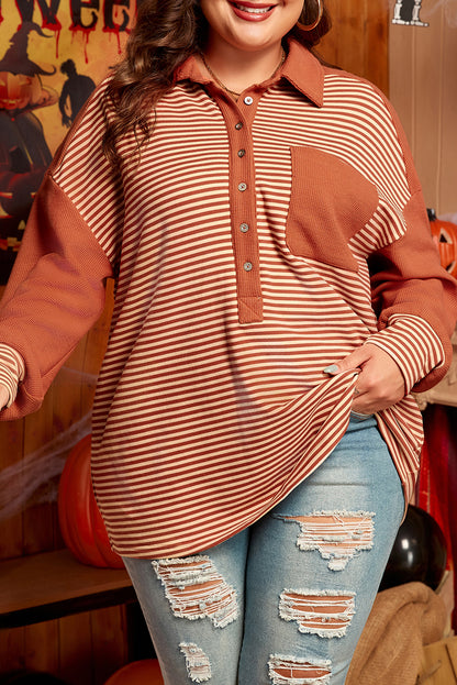Plus Size Striped Textured Patched Drop Shoulder Buttoned Sweatshirt - Plus Size XL-4XL - View 7