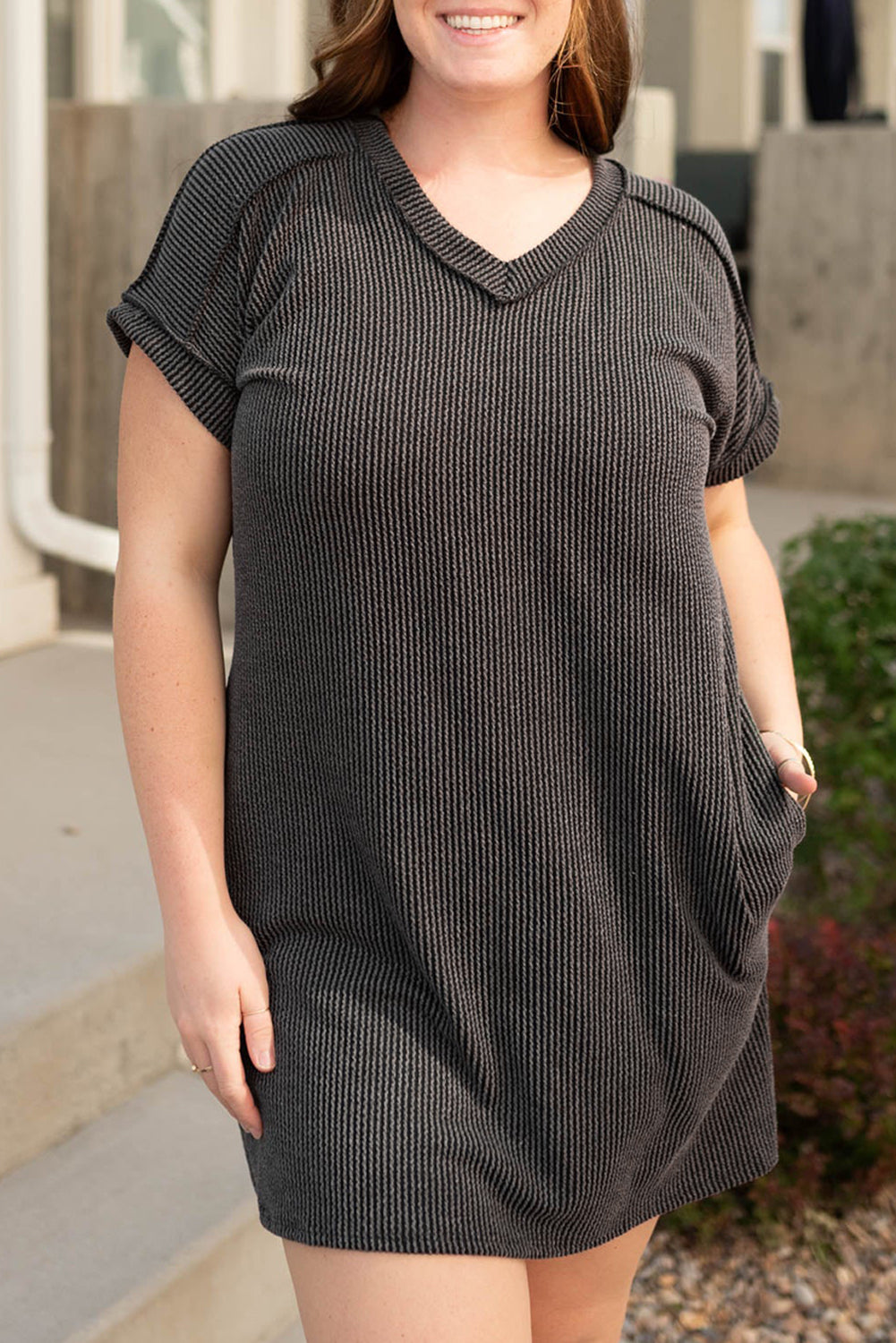 Plus Size Corded V Neck T Shirt Dress with Pockets - Plus Size XL-4XL - View 1