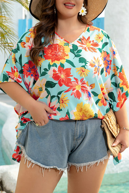 Plus Size Floral V-Neck Batwing Blouse - Plus Size XL-4XL - View 7