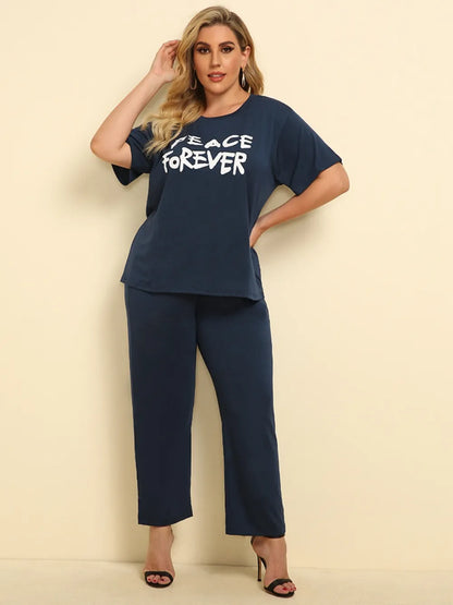 Plus Size Peace Forever Short Sleeve Top and Pants Set