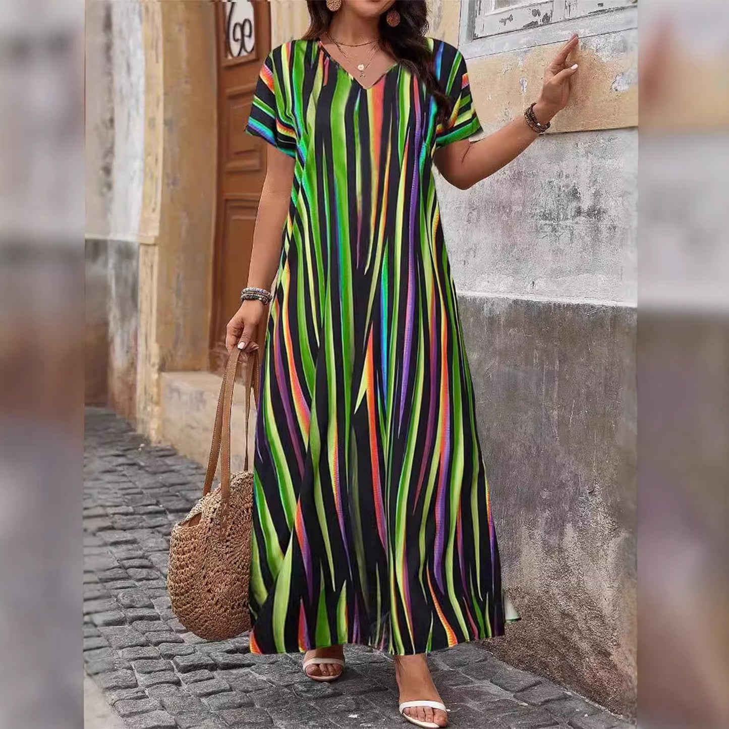 Plus Size Romantic A-Line Printed Long Dress