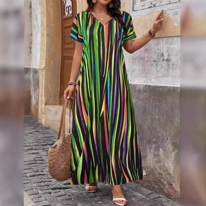 Plus Size Romantic A-Line Printed Long Dress - Plus Size Clothing