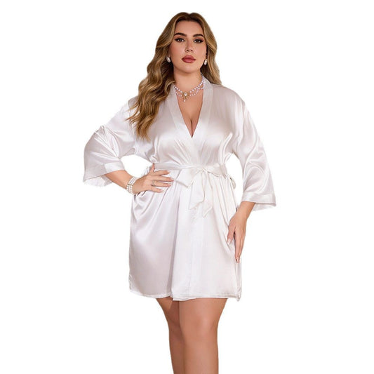 Plus Size Long Sleeve Robe with Back Embroidery