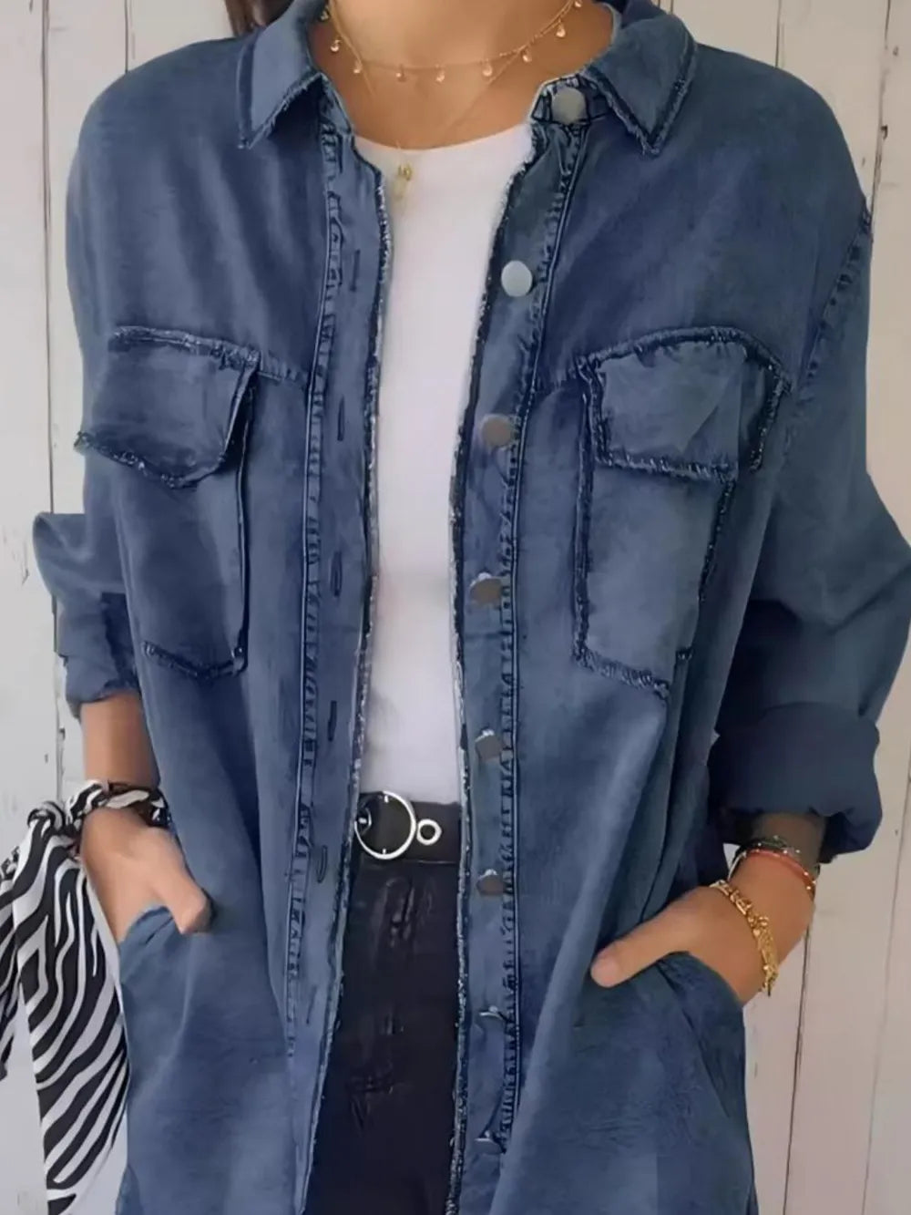 Plus Size Raw Hem Button Up Long Sleeve Denim Top