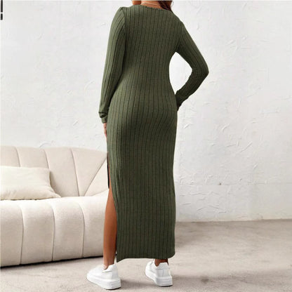 Maternity Dress with Round Neck Long Sleeve High Slit - Plus Size Clothing