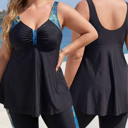 Plus Size Tankini Swim Skirt Dark Blue Floral - Plus Size Clothing