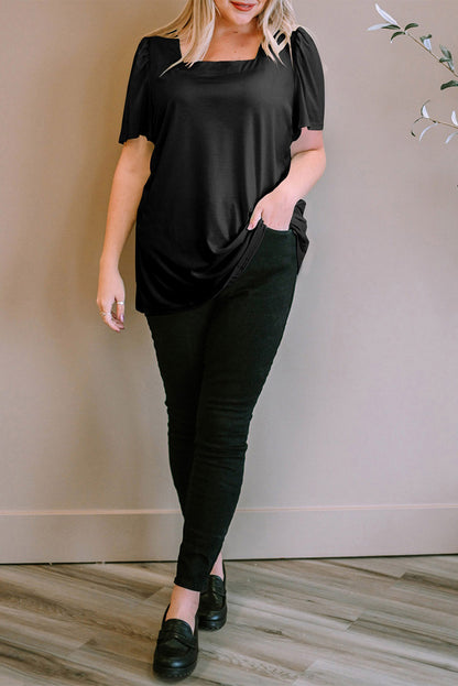 Plus Size Square Neck Ruched Shoulder Short Sleeve Top - Plus Size XL-4XL - View 5