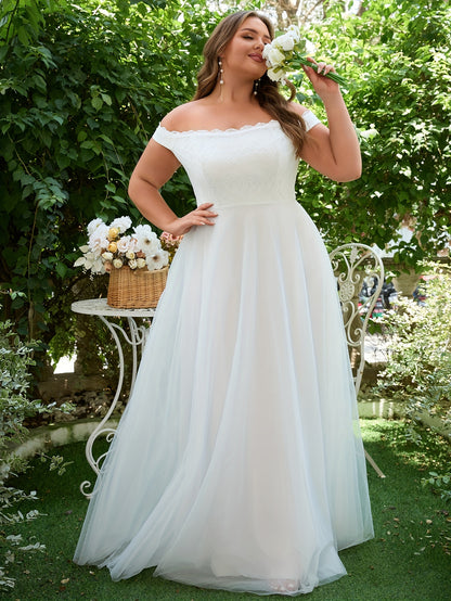 Plus Size Off-the-Shoulder Lace Bridal Gown - Plus Size Clothing