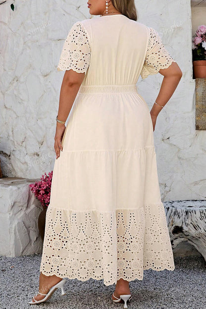 Plus Size V-Neck Lacy Embroidery Short Sleeve Maxi Dress - Plus Size Clothing