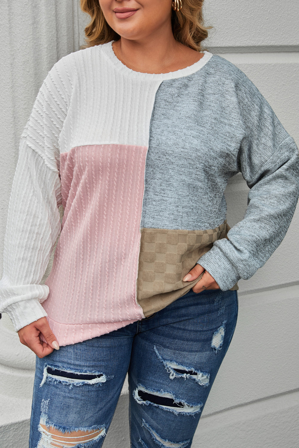 Plus Size Cable Knit Colorblock Long Sleeve Top