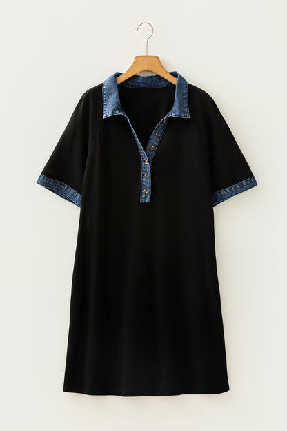 Plus Size Denim Collar Colorblock Shift Dress — back view