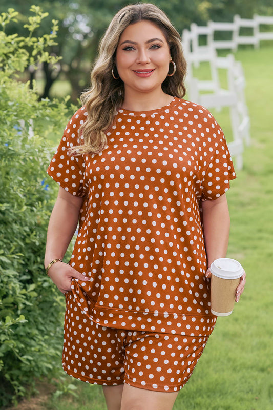 Plus Size Polka Dot Dropped Shoulder Tee Short Set - Plus Size XL-4XL - View 1