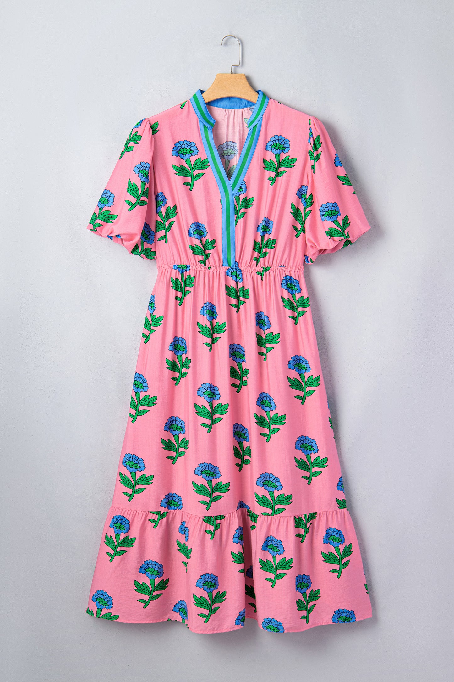 Plus Size Striped V Neck Ruffled Floral Long Dress